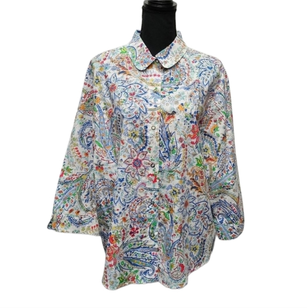 Alfred Dunner Floral Semi Sheer Cut Out Snap Up Shirt Size 18